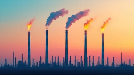 Obraz premium Majestic Panoramic View of Oil Refinery at Dusk with Smoking Stacks - Industrial Landscape Background with Copy Space in 8K High Detail Resolution