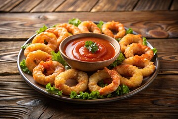 hors d'oeuvre, culinary, delicious, gourmet, food, A close up shot of a shrimp ring arranged on a rustic wood background with a side dish of seafood sauce captured from a low angle