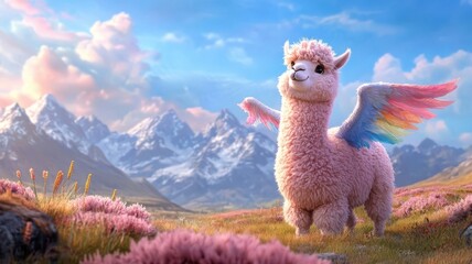 Fototapeta premium An alpaca with colorful wings flying over a rainbow-colored landscape, adding a whimsical and magical touch.