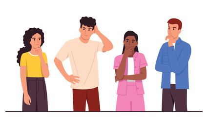 Vector illustration of a conceived group of young people.Cartoon scene of thoughtful boys and girls, light and dark-skinned, stylishly dressed, touching chins and heads isolated on a white background.