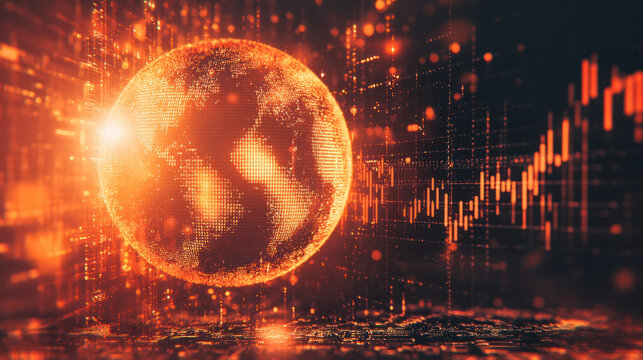 A glowing orange sphere with a globe on it is surrounded by a dark background with many lines and dots