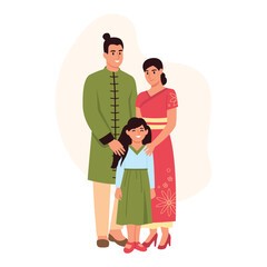 Vector illustration of an Indian happy family.Cartoon scene of a man with a woman and a daughter dressed in traditional costumes: long shirt, pants, sari, heels,sandals isolated on a white background.