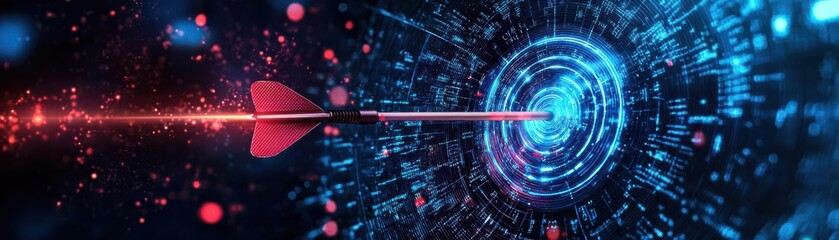 Obraz premium Digital target with a dart hitting the bullseye, representing precision in technology, data, and cybersecurity