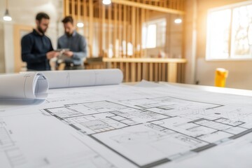 Contractors and architects collaborating in a modern office, reviewing floor plans for an energy-efficient home with eco-friendly construction materials