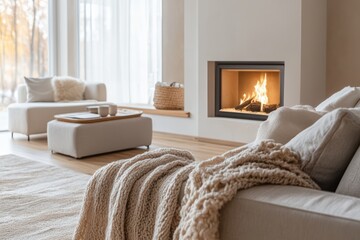 Cozy Living Room with Fireplace and Plush Sofa.