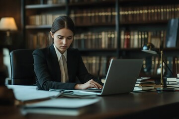 Focused Legal Professional Working on Laptop in Law Library