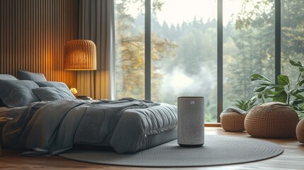 Cozy modern bedroom with a smart air purifier and natural light from large windows
