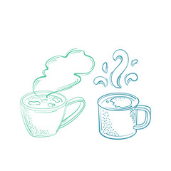 Set of cups with hot drink. Isolated, vector illustration. Create pattern, card, fabric, menu.  Line technique. Retro style