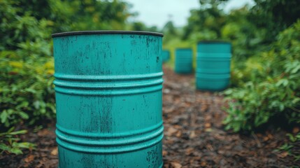 Naklejka premium Nature Reclaiming Industry: Abandoned Oil Drums in Overgrown Forest - Environmental Impact Concept.