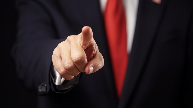 A confident businessman pointing assertively, emphasizing leadership and authority in a professional setting.
