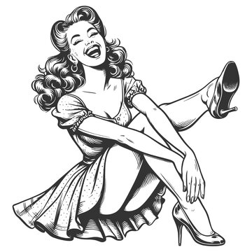recommend clip art: cheerful pin-up woman laughing, her joyful expression and retro fashion sketch engraving generative ai fictional character raster illustration. Scratch board imitation. Black and white image.