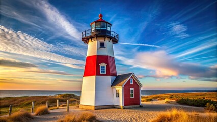 Wood End lighthouse in Provincetown Massachusetts USA at eye level showcasing its red and white striped exterior with a beautiful blue sky in the background, vacation, historic, USA