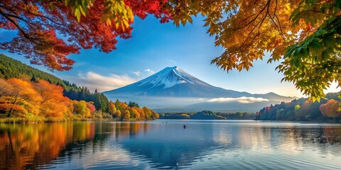 Fototapeta premium Autumn landscape showcases a breathtaking view of a serene lake nestled amidst a dense forest with the majestic Mount Fuji gracing the distant horizon, scenery, Japan, breathtaking, tranquil