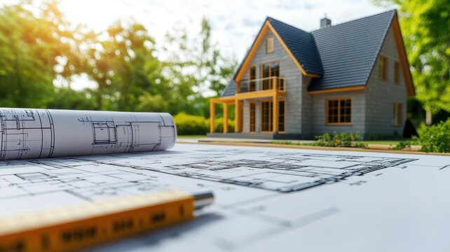 Architects and engineers working together on a green energy home blueprint, eco-friendly building techniques in focus, renewable energy construction - Powered by Adobe