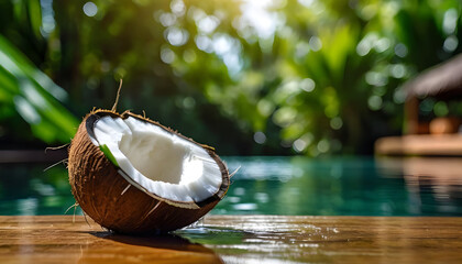 A closeup of two halves of a coconut shell, filled with creamy white coconut flesh