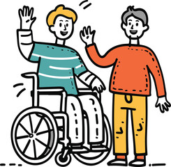 
A man in a wheelchair is waving and smiling, while another person stands next to him helping with his hand.vector illustration 