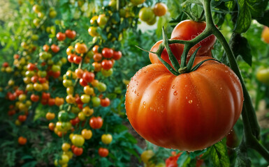 Obraz premium Fresh tomatoes on tree with tomato garden background