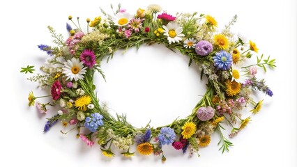 Summer wreath of wildflowers isolated on white background close up, bloom, seasonal, arrangement, decoration, white background, flowers, fresh, floral, wreath, handmade, isolated, close-up © Chanchai