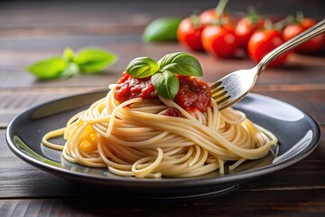 savory,spaghetti, traditional, delicious, food, Italian cooking, A medium shot stock photo of a delicious forkful of spaghetti with tomato sauce and basil displayed on a plate