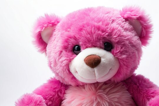 A close up shot of a soft fur plush stuffed teddy bear in cute shades of pink and magenta with a lotso expression placed on a white background as seen from a worm s eye view