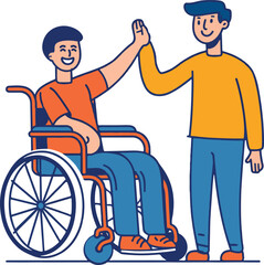 
A man in a wheelchair is waving and smiling, while another person stands next to him helping with his hand.vector illustration 