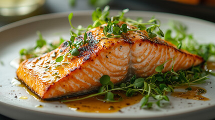 fried salmon with microgreens, delicious healthy food