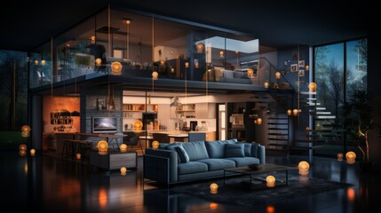 Modern dark house interior featuring digital smart home technology during evening hours