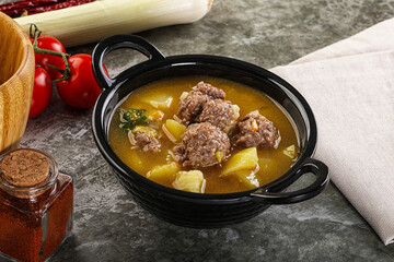 Soup with beef meatball and vegetables