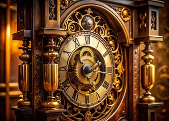 Obraz premium A close-up of a vintage grandfather clock's intricate mechanical mechanism, with Roman numerals and ornate details, set