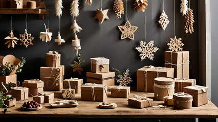 Illustrations of decorated Christmas trees, ornaments, lights, wreaths, and gifts.