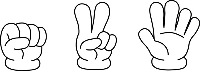 Rock, scissors, paper hand gesture icon set. Line drawing. Vector illustration