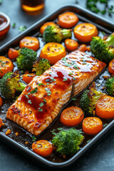 a baking tray with teriyaki salmon and oven-baked vegetables such as carrots and broccoli, healthy food with lots of omega 3, deliciously grilled fish