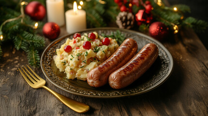 sausage with potato salad, a traditional german christmas meal for christmas evening