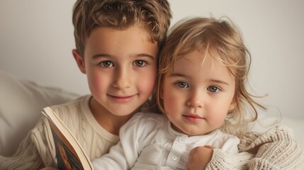 The sister reads aloud to her younger brother as they explore the pages of a colorful book.