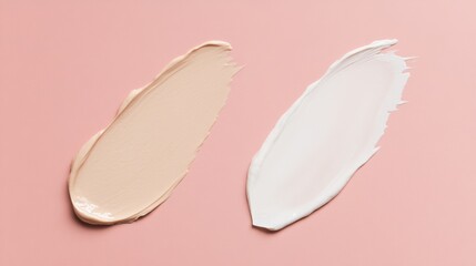 Fototapeta premium two swatches of a cream or lotion on a smooth, pastel pink background. Both swatches appear to be different textures of a skincare product, likely to demonstrate the consistency and finish of the prod