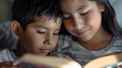 The brother and sister relax together, deeply involved in the world of their book.