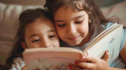 Two siblings are exploring new adventures through a colorful book in their cozy living room.