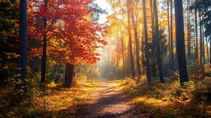 Serene forest pathway in autumn, with vibrant leaves in red, orange,