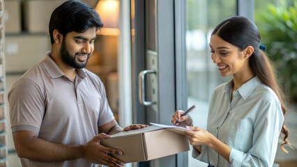 An Indian delivery person obtaining a signature confirmation from a customer, highlighting secure delivery practices.