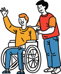 
A man in a wheelchair is waving and smiling, while another person stands next to him helping with his hand.vector illustration 