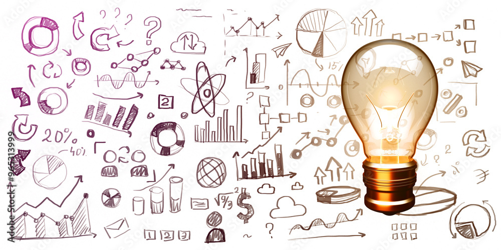 Poster close up of glowing lamp on white concrete wall backdrop with business sketch. idea, energy, inspira