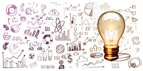 Close up of glowing lamp on white concrete wall backdrop with business sketch. Idea, energy,...