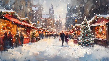 watercolor painting from a christmas market