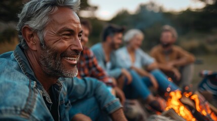 Middle-aged friends share stories and smiles as they sit around a glowing campfire in the fall.