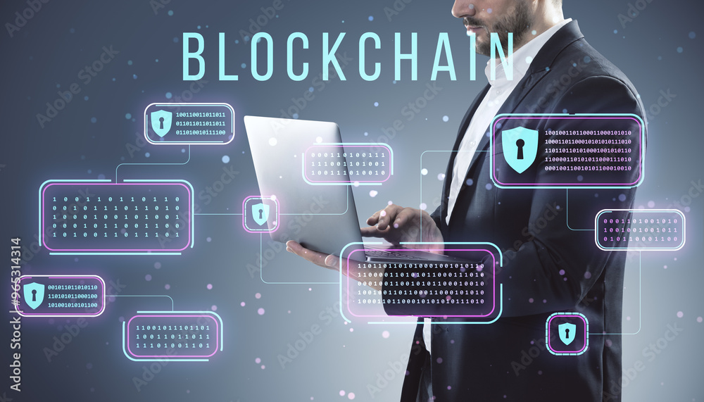 Aufkleber Close up businessman hands using laptop with creative encrypted blockchain hologram on blurry background. Block chain network and technology concept. Double exposure.