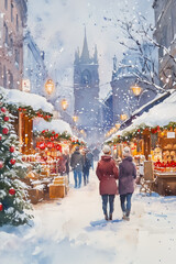 Fototapeta premium watercolor painting from a christmas market