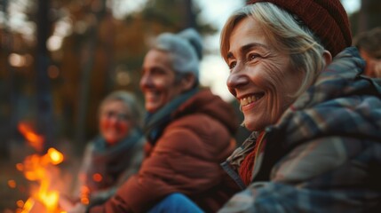 A cheerful group of friends is embracing the autumn chill around a campfire, sharing positive vibes.