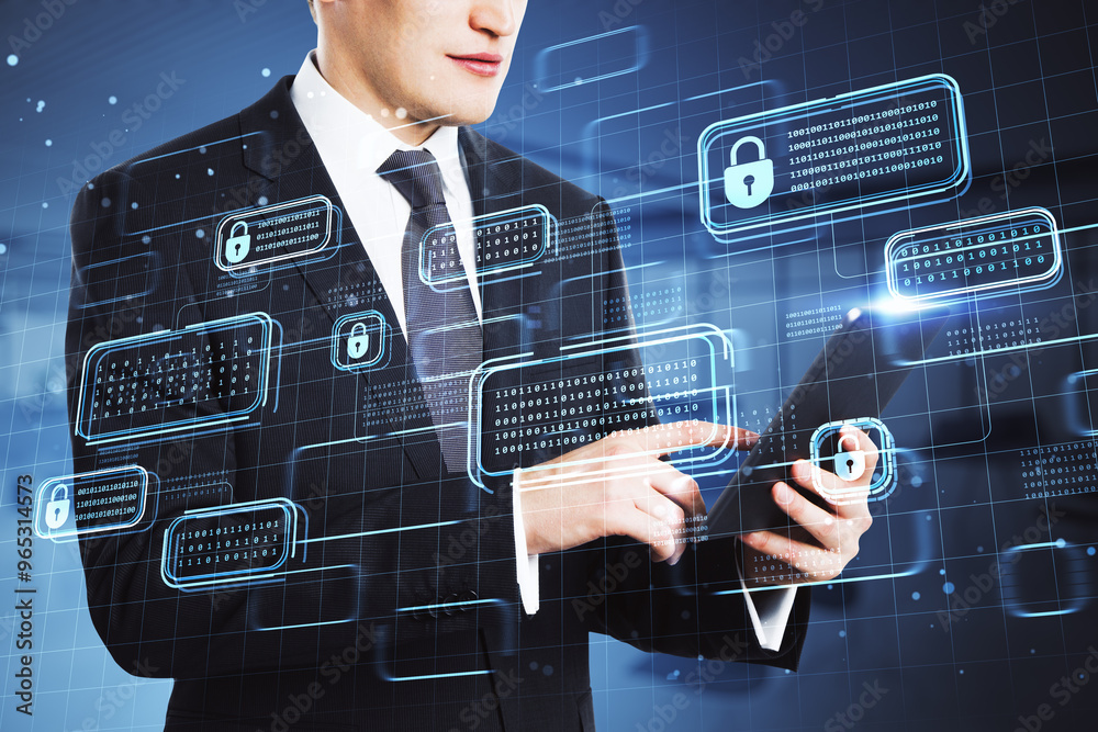 Aufkleber headless young european businessman using tablet with creative encrypted code hologram on blurry off