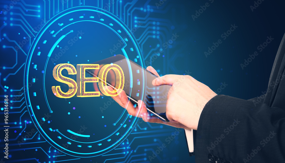 Poster close up of businessman hand pointing at tablet with glowing digital data hologram on blurry blue ba