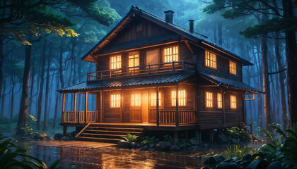 Wooden house in the dark and foggy night in the middle of the forest